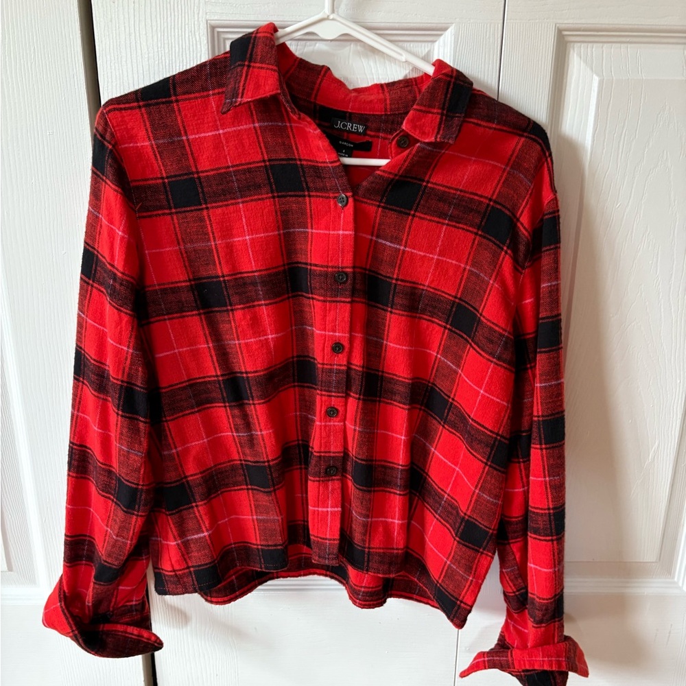 J.Crew Red and Black Plaid Button-Up cropped shirt